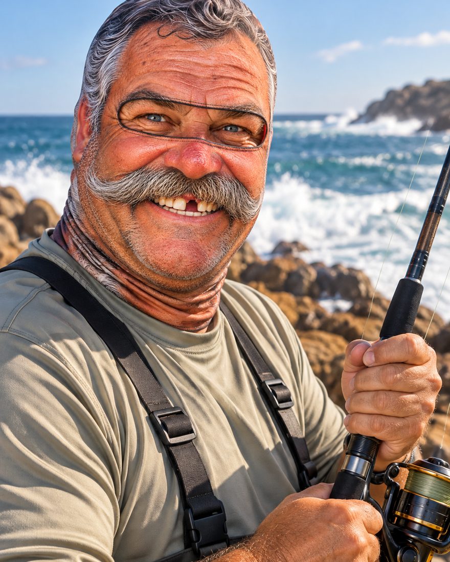 Someone fishing off the rocks wearing an Oom Koos LekkerFace balaclava